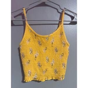 Hollister Yellow Smocked Floral Tank Top XS Cropped Cami Summer